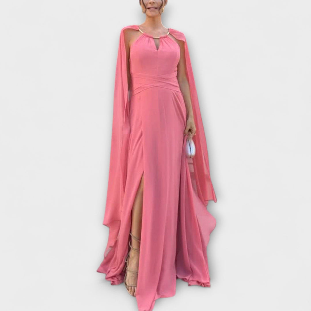 Mabel - Elegant Maxi Dress with Cape Sleeves and High Slit