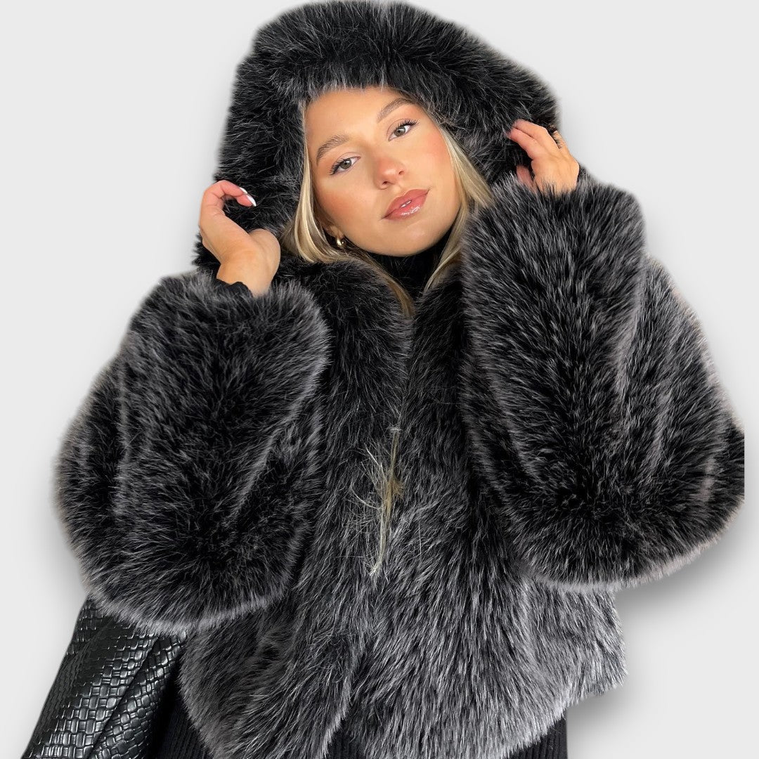 Leyana | Oversized Faux Fur JacketWith Hood In Smoke Gray