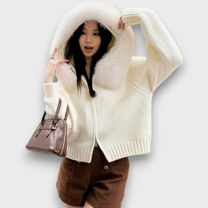 Alisanne – Knit JacketWith Zipper And Faux Fur Collar