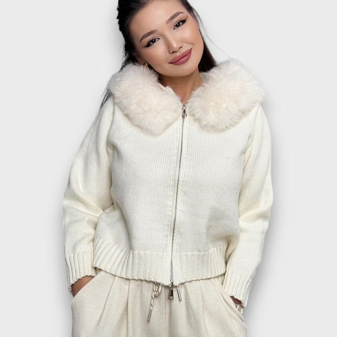 Alisanne – Knit JacketWith Zipper And Faux Fur Collar