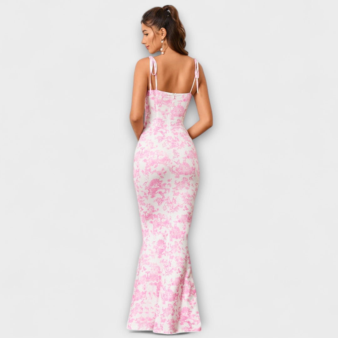 Thalia - Floral Print Prom Dress with Tied Shoulder Straps