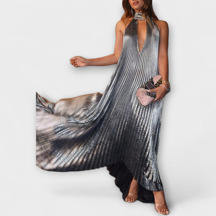 Calliope - Metallic Pleated A-Line Maxi Dress