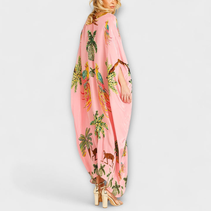 Linda - Eye-catching Dress with Asymmetrical Shoulders and Coconut Tree Print