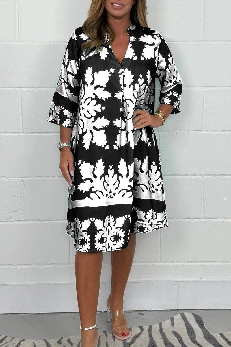 Kenzie - Bohemian Retro Print V-neck Cropped Sleeves Dress